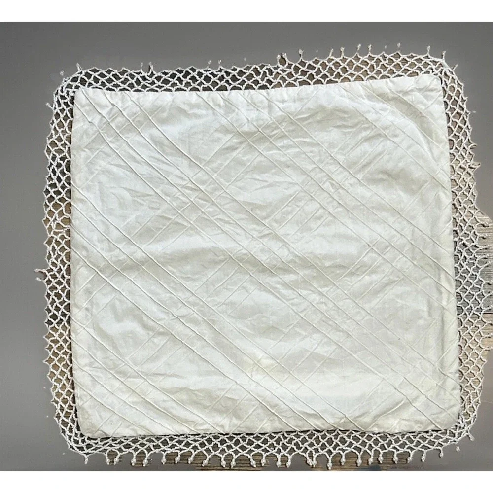 Throw Pillow Cover ONLY Beaded Pearly Dangly Satiny Off White Crocheted Trim 18